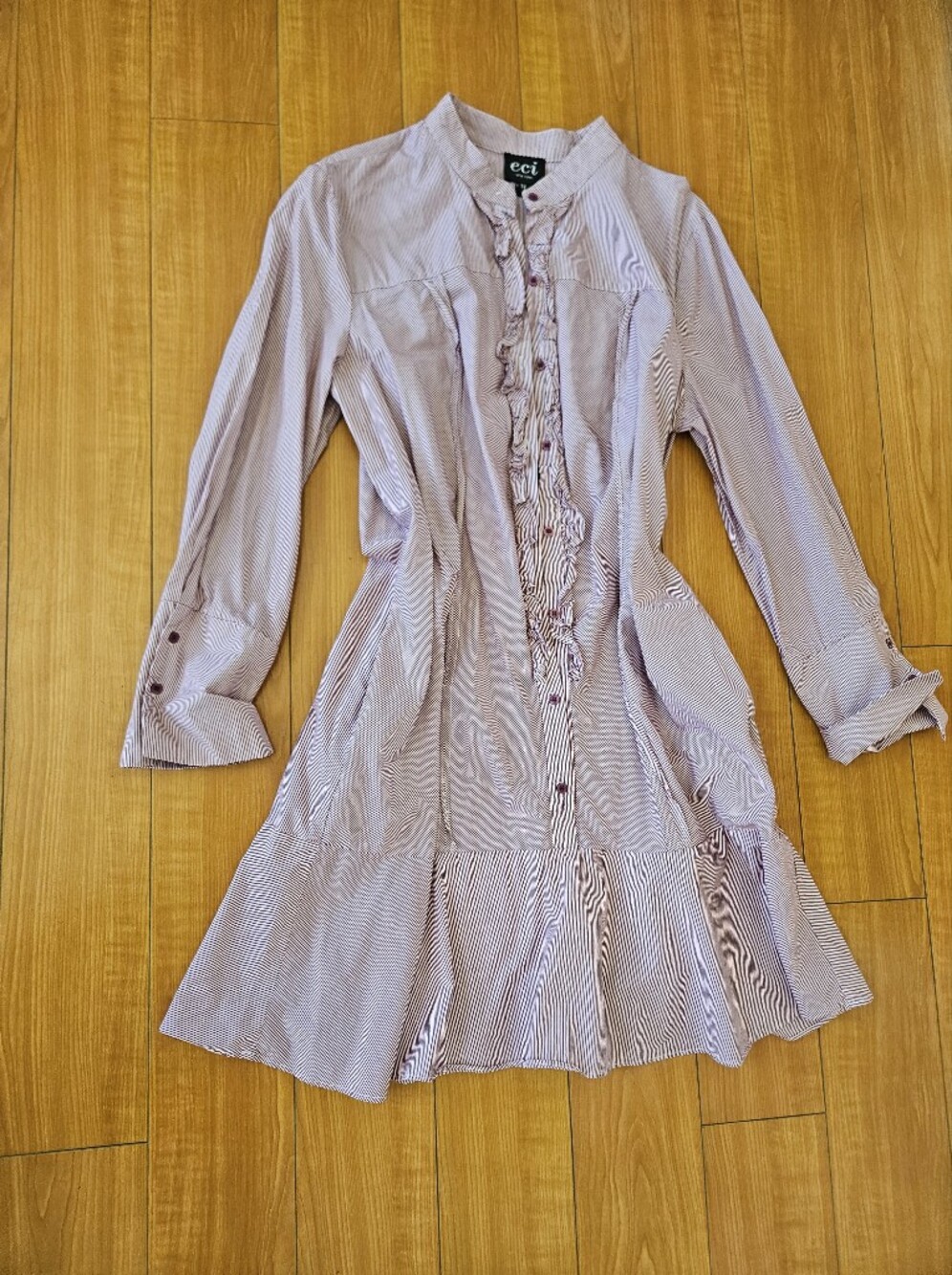 NEVER WORN ECI Pinstriped Button-Front Ruffle Hem Dress + Pockets Size Sz 14 - Picture 7 of 12